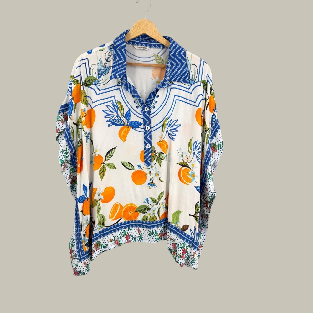 John + Mark Blue White Citrus Print Resort Tunic Kaftan Top Oversized